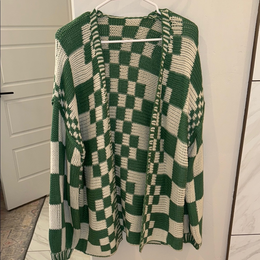 Green and White Checkered Knit Cardigan